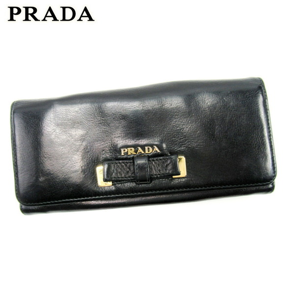 Prada long zipper Wallet motif black leather ribbon - Picture 1 of 6
